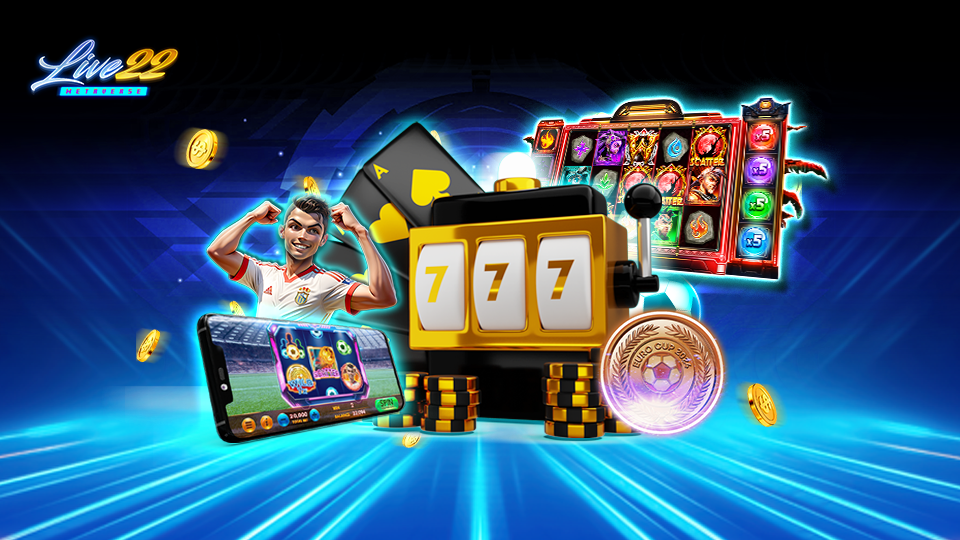 Live22 iGaming industry promotional image showcasing a slot machine with '777' on the reels, a smartphone displaying a soccer game, and vibrant slot game graphics.
