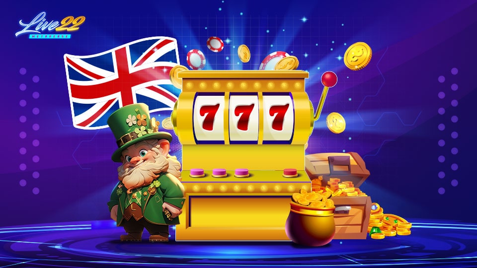 Winning slot machine with '777' displayed, Union Jack flag in the background, and a leprechaun beside a treasure chest and pot of gold.