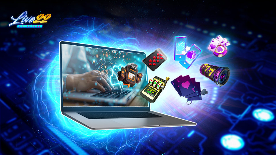 a laptop with casino elements and Live22 logo