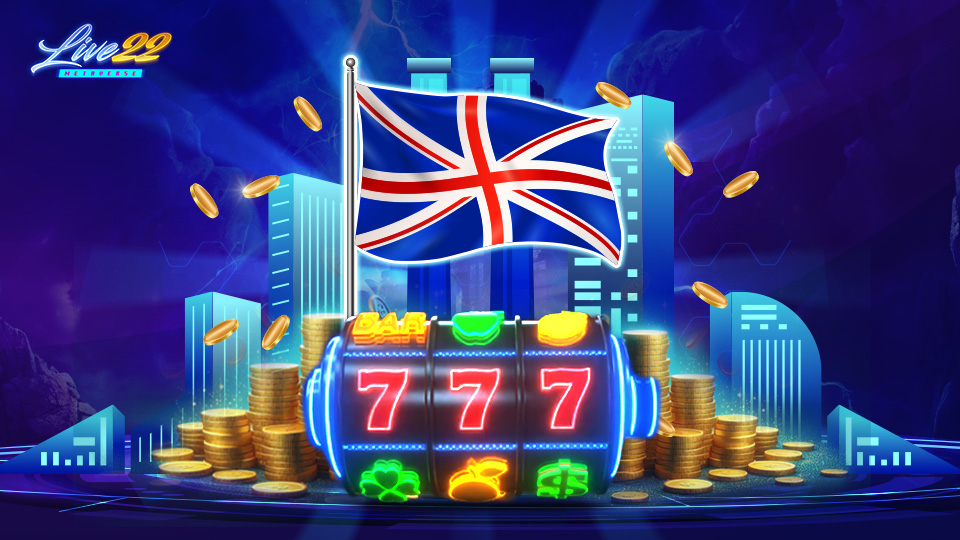 Live22 logo and Slot element, UK flag 