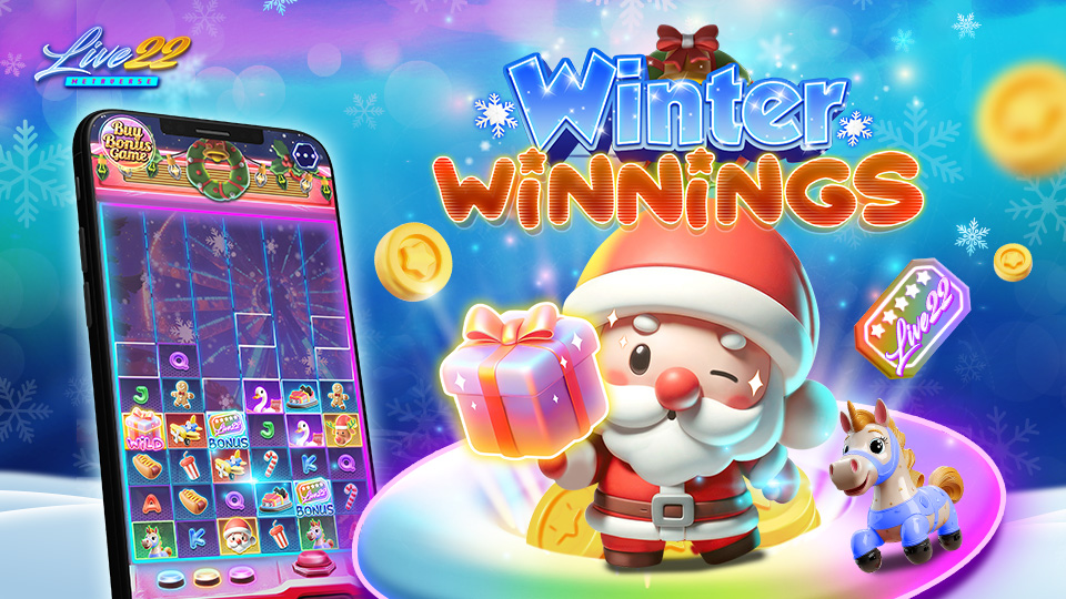 Live22 new slot game winter winnings with a cute santa and a phone gameplay