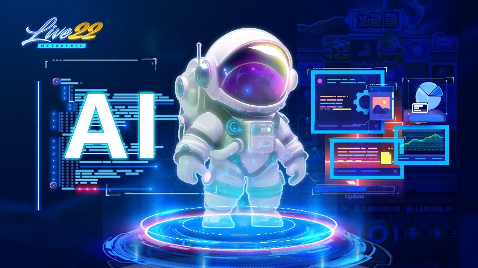 How Live22 Leverages AI for Next-Gen Slot Game Development_960x540 A 3D-rendered astronaut stands on a glowing platform, surrounded by digital data panels and charts. Large “AI” text hints at AI for Next-Gen Slot Game Development, with a futuristic Live22 logo above, embracing a space and technology theme for slot games