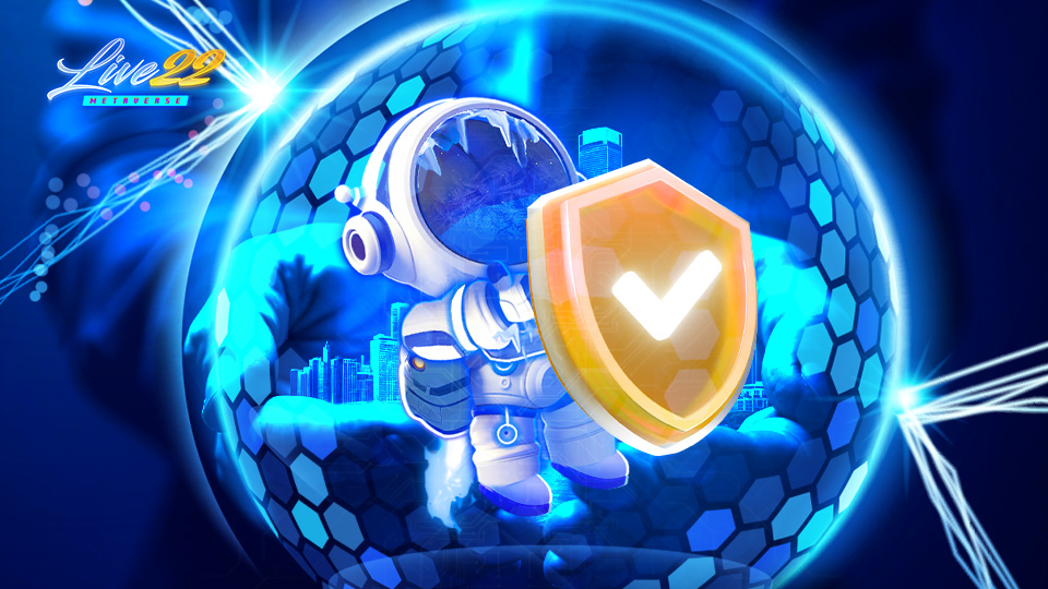 A cartoon astronaut holding a glowing shield with a checkmark stands before a futuristic city, surrounded by a blue hexagonal digital aura. The Live22 logo and Online Casino Malaysia appear in the upper left corner.