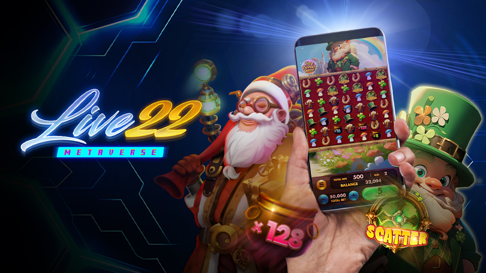 Colorful promotional image for Live22 Metaverse featuring animated Santa and leprechaun characters, a hand holding a phone with Slot Games, and bright neon text Live22 Metaverse on a futuristic blue background.