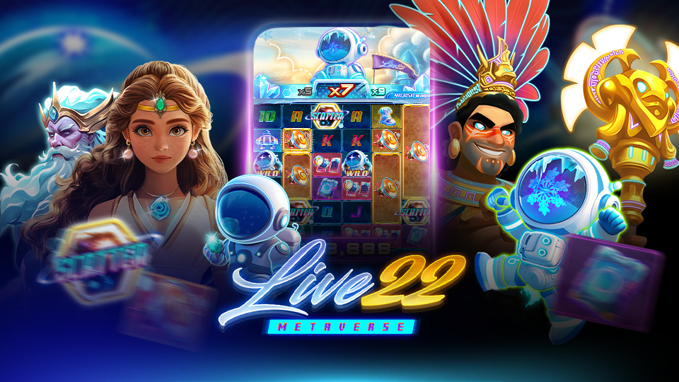 Colorful promotional image for Live22 Metaverse featuring animated characters, including a woman in a blue dress, a smiling man in a feathered headdress, and astronauts, with popular Thailand Mobile Slot Games at the center.
