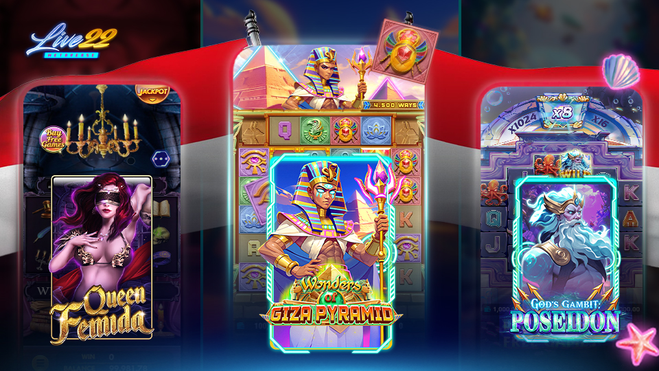 Top Online Slot Games Loved by Indonesian Players in 2025 Three colorful slot machine game screens from Top Online Slot Games feature Queen Femida with a blindfolded woman, Wonders of Giza Pyramid with an Egyptian pharaoh, and Gods Gambit Poseidon with a blue-haired sea goddess.