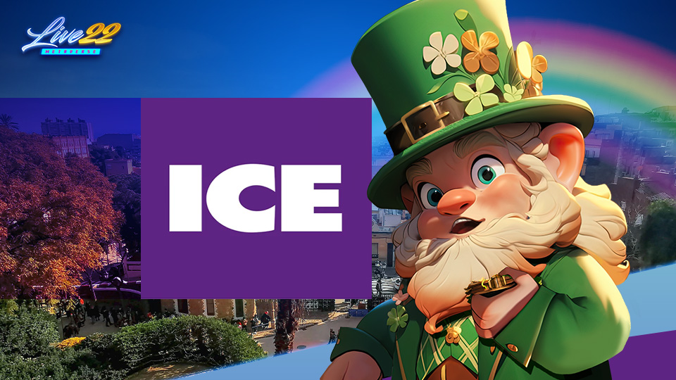 A cartoon leprechaun in green stands beside a purple box labeled ICE Barcelona against a colorful background with a rainbow and cityscape. The Live22 logo is in the top left corner.