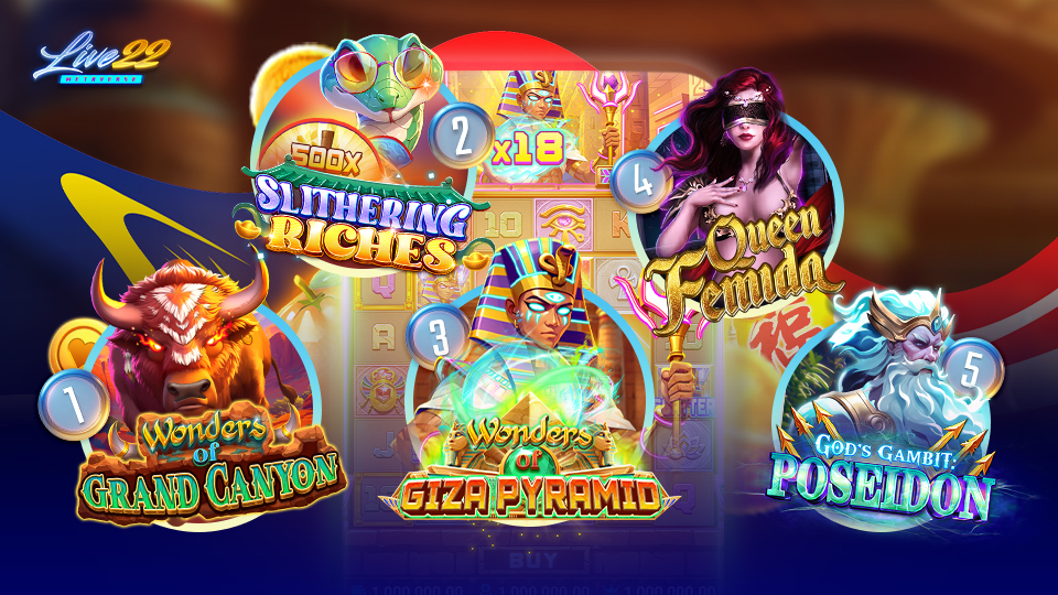 A colorful promotional graphic for five slot games—perfect for Online Slots Malaysia fans—featuring Wonders of Grand Canyon, Slithering Riches, Queen Femida, and more, each with illustrated characters and vibrant backgrounds.