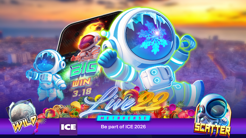 A colorful digital image with cartoon astronauts, ice-themed symbols, and gaming icons like WILD and SCATTER. Text reads BIG WIN 3.18, Live22 Metaverse, and What to Expect from the New Year’s Key Trends & ICE Barcelona 2026 over a sunset cityscape.