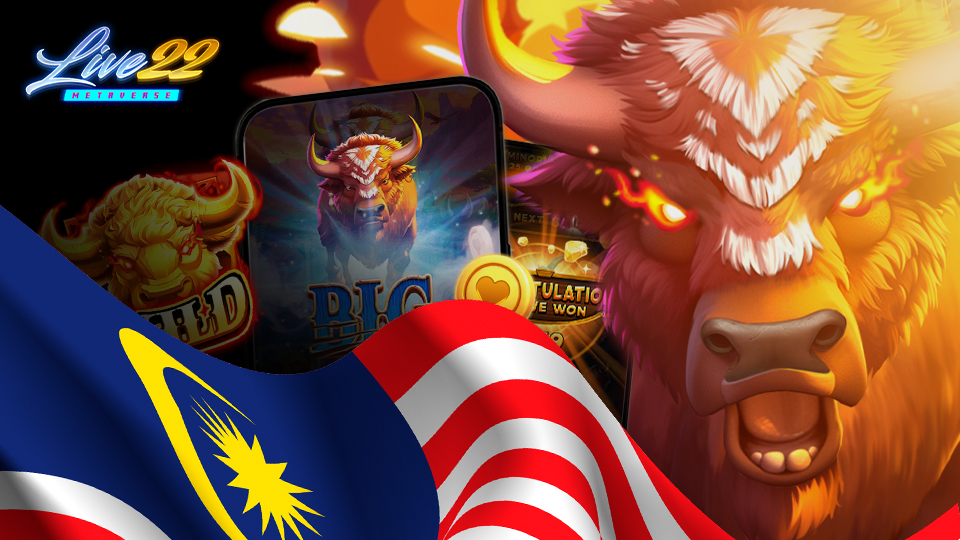 Live22 Mobile Slot Malaysia banner featuring a buffalo-themed slot game with the Malaysian flag and vibrant gameplay graphics