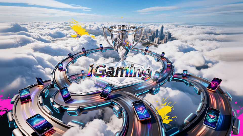 A vibrant, glowing online casino interface with unique game icons and a clear branding element, symbolizing differentiation in a crowded market.