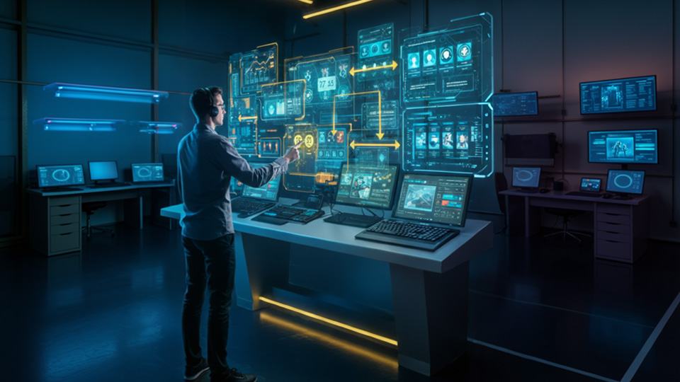 A high-tech dashboard showing real-time online casino analytics and seamless integration progress bars.