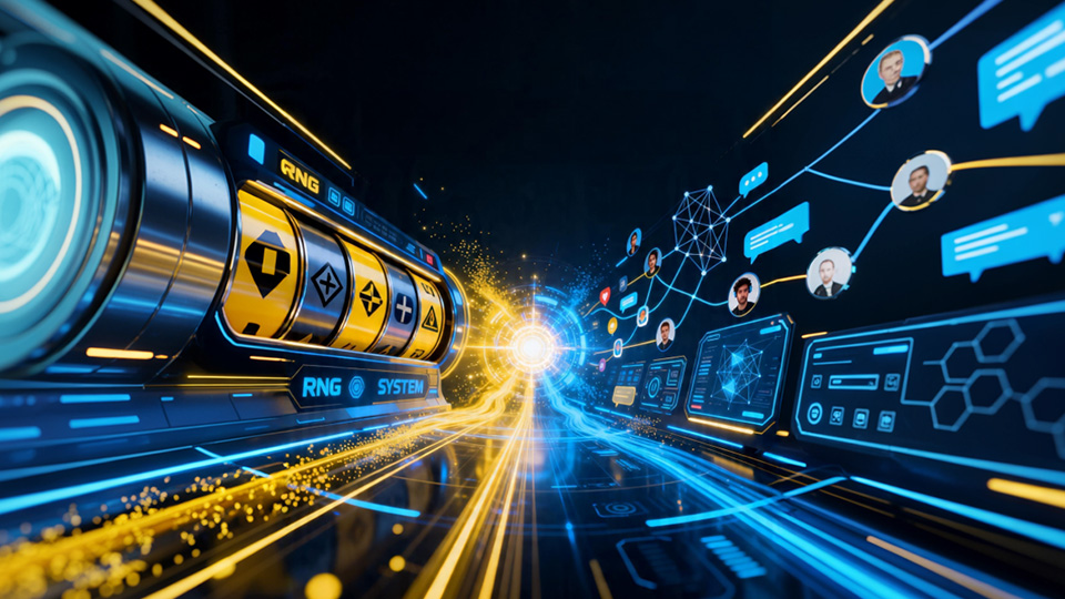 Infographic illustrating the hybrid gaming model for slots, combining RNG mechanics with social features and community engagement tools.
