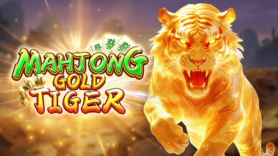Mahjong Gold: Tiger slot game banner by Live22 featuring a glittering golden tiger and traditional mahjong tiles.